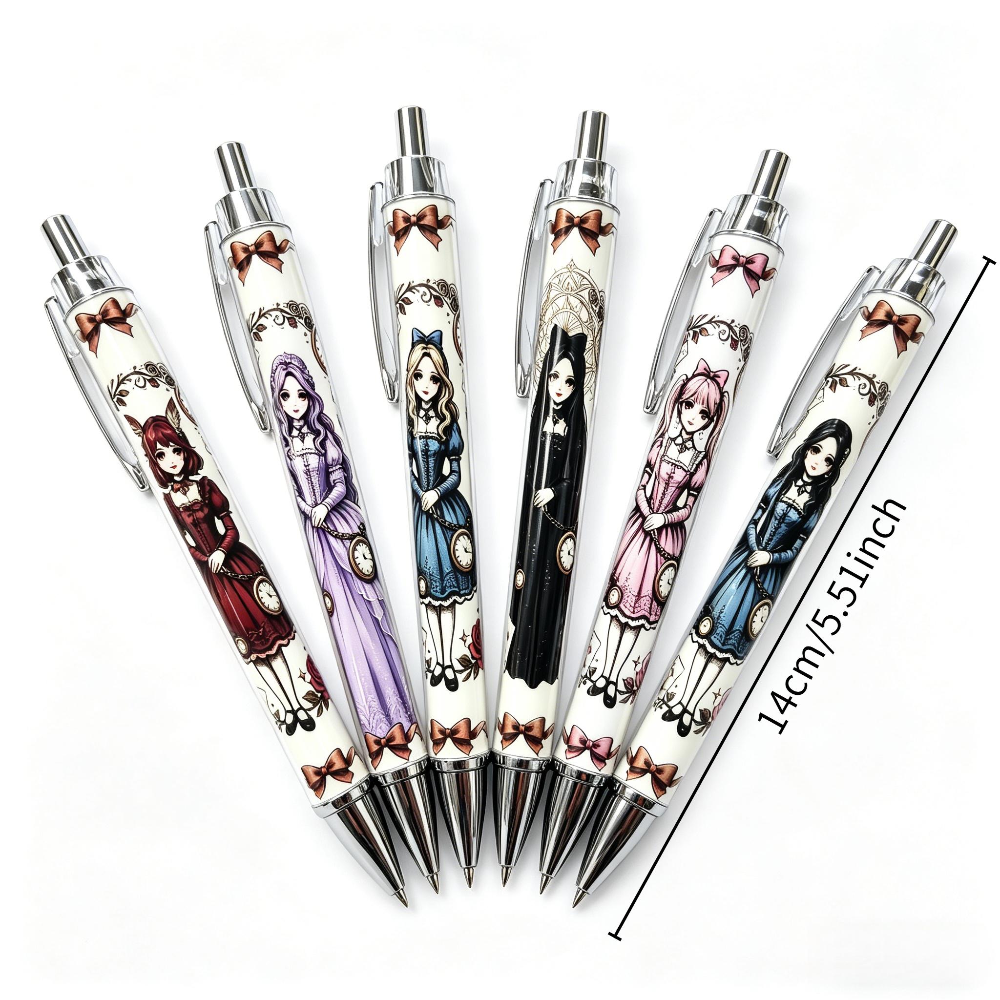 6 Pack Art Ballpoint Pen Retractable Press Type Smooth Black Ink For School Office Daily Writing