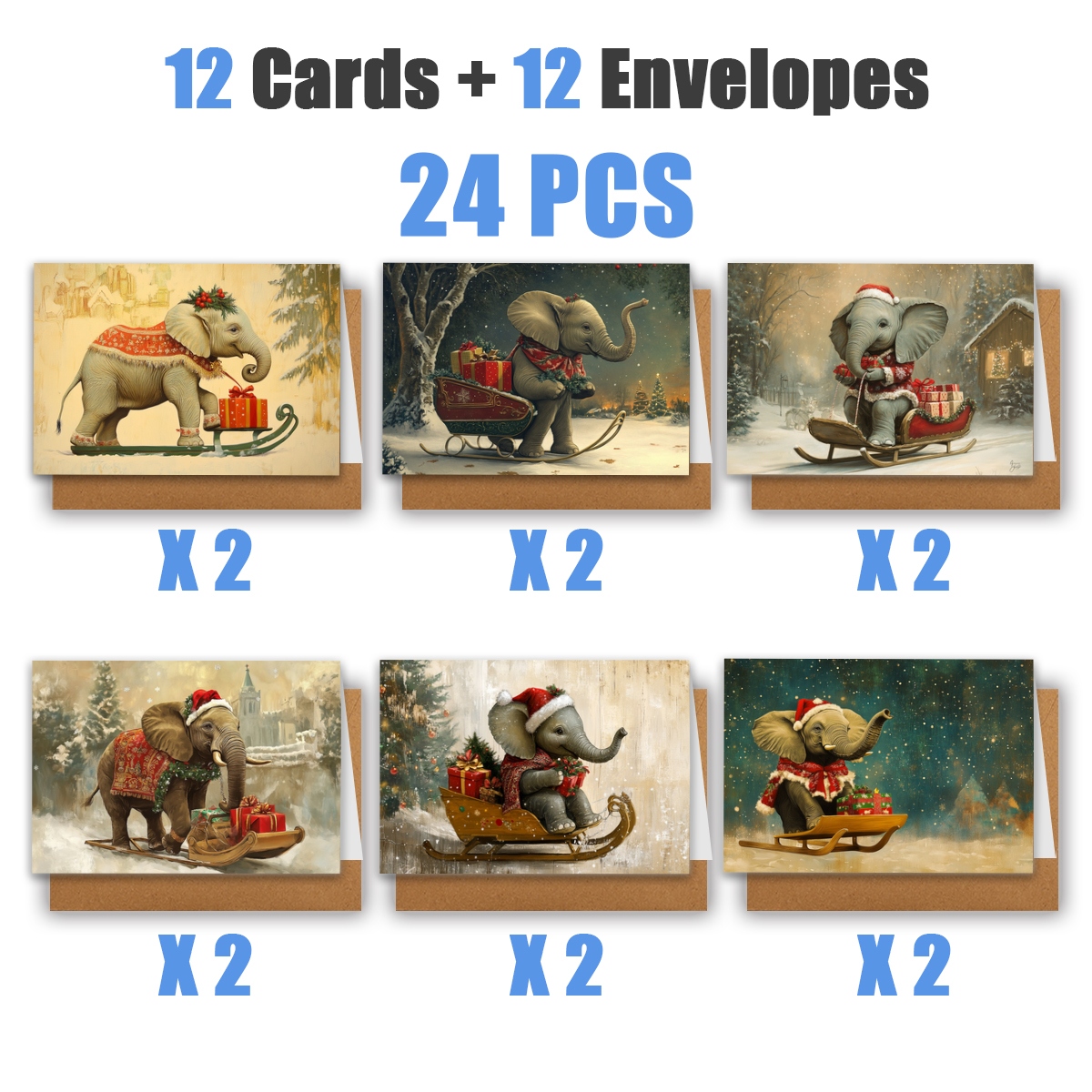TEMU 1 Set/12 stuks/24 stuks Kerstkaarten met Olifanten die Kerstmutsen en Sneeuwvliegers Trekken | Inclusief Enveloppen, Wenskaarten | Perfect voor