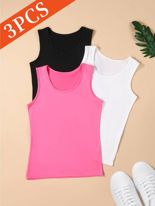 womens summer solid top 3pcs set basic crewneck loose fit cami layering undershirt versatile sleeveless tops