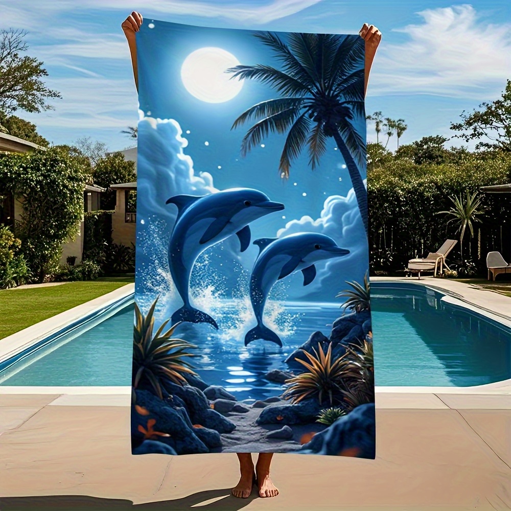 TEMU 1pc 2d Printed Microfiber Beach Towel, Blue Moon Dolphin Themed Beach Towel, , Printed With Leaping The Water And Palm Tree Patterns, Ideal For