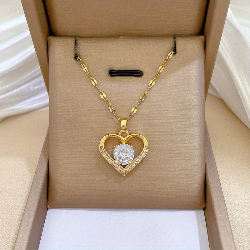 Image of Stainless Steel Micro-inlaid Heart Pendant Necklace For Women, Featuring A Trendy , Perfect As A Birthday Gift And Versatile For Layering