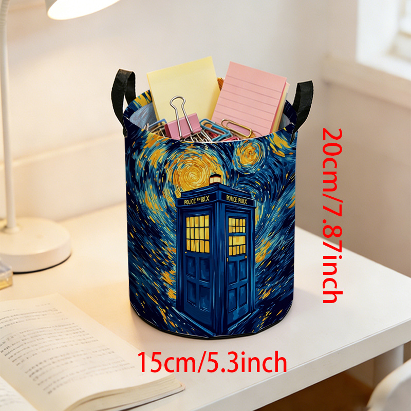 TEMU 1pc Oxford Cloth Mini Round Storage Basket, 2d Flat Printing, Featuring Van Gogh's Starry Mysterious Doctor Pattern, Suitable For Dressing Table
