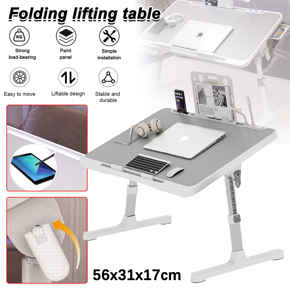 Height Adjustable Folding Desk With Slots, Non-slip &drawer-portable White Desktop For Bed, Office & Home, . Tablet Holder & Additions, Bed-desk|multifunctional Desk|stable Workplace