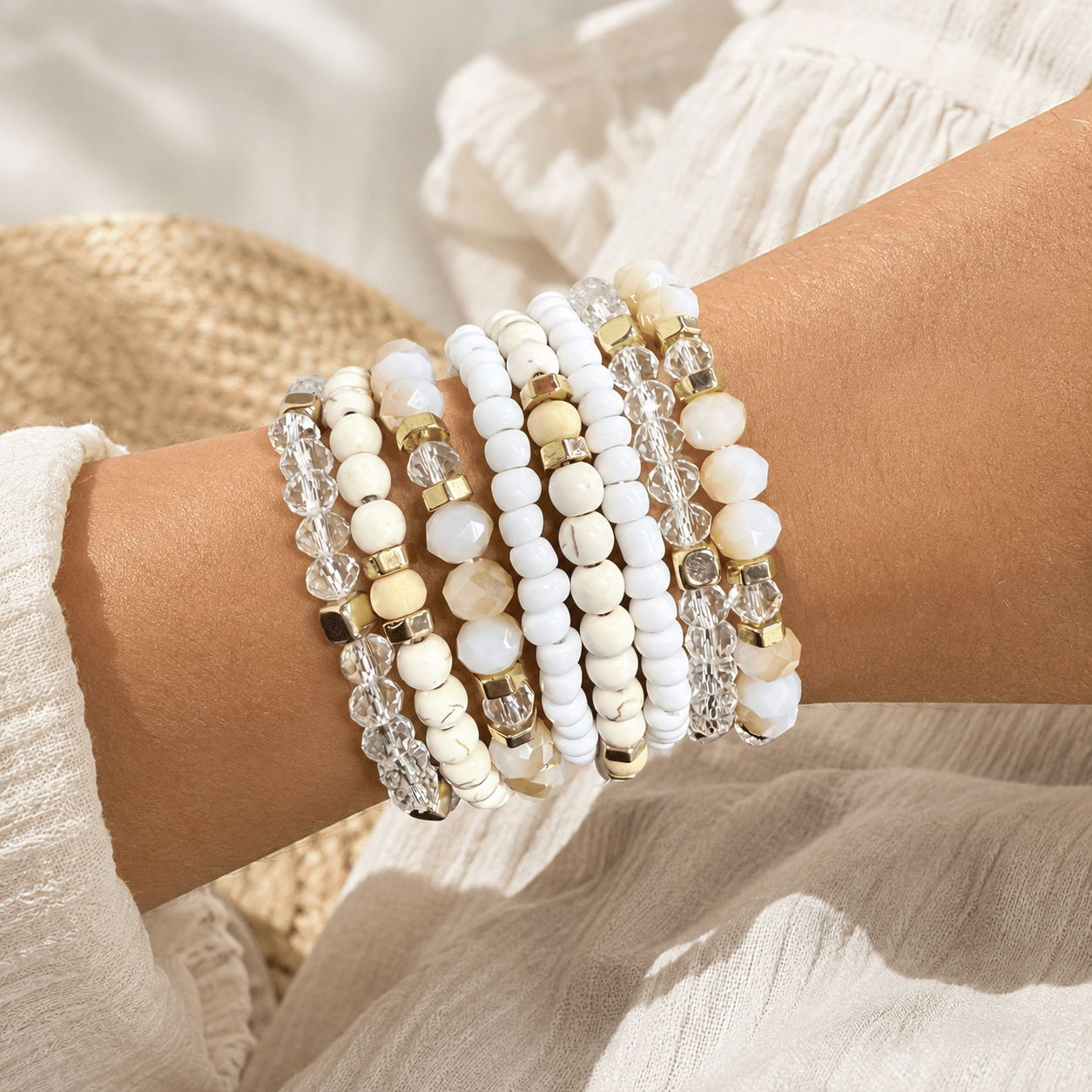 TEMU Autumn Boho Beaded Bracelet Set, Crystal And Synthetic Turquoise Seed Bead Stretch Bracelets, Neutral Layered Stackable Jewelry For Women