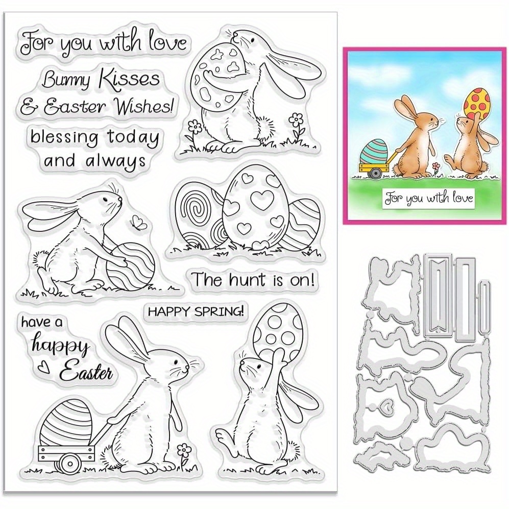 TEMU 2pcs Stamps And Dies For Card Making Bunny Metal Cutting Die Silicone Clear Stamps Rabbit Rubber Stamps And Dies For Embossing Album Craft