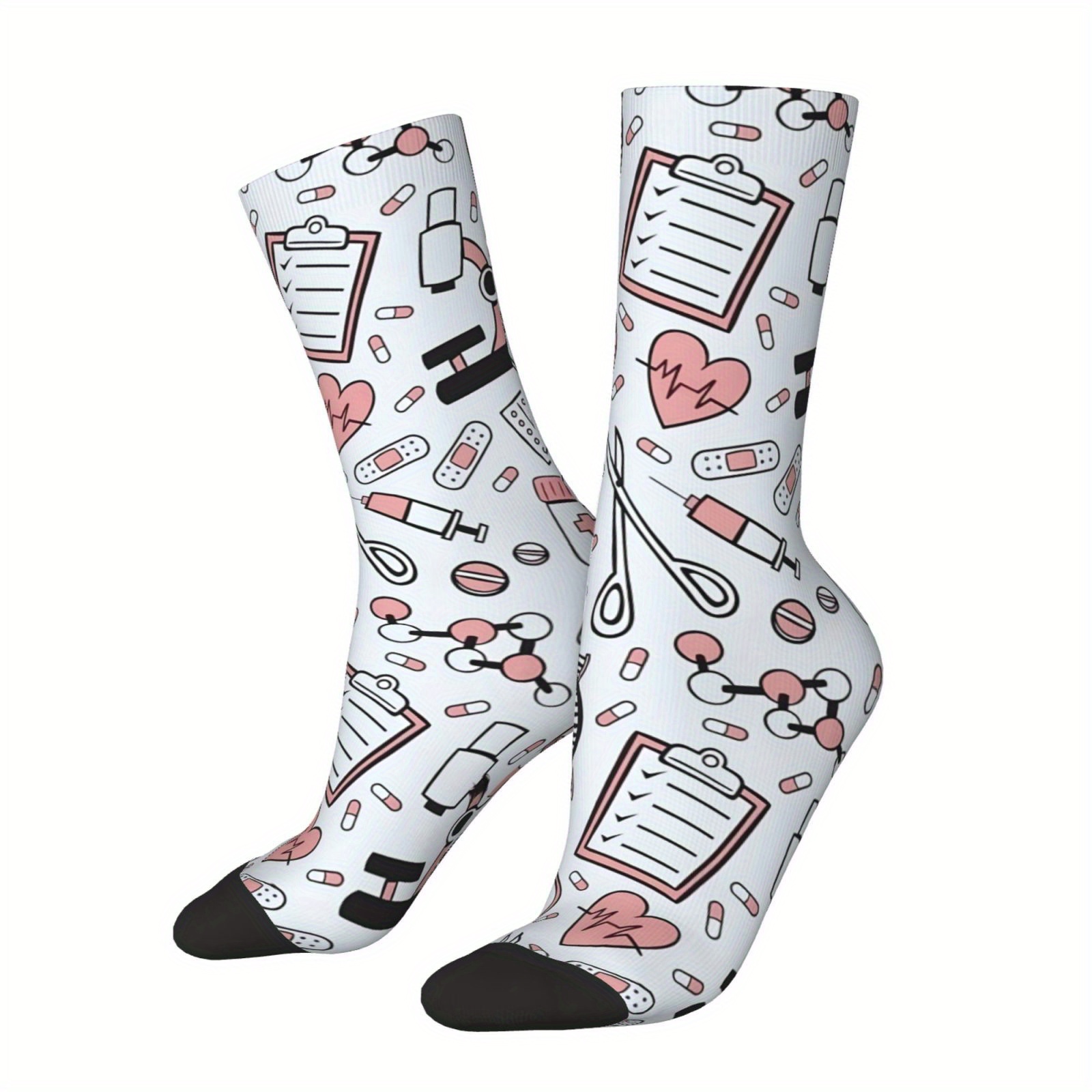 Image of 1-pair Funny Nurse-themed Socks Suitable For Men & - Print With Stethoscope & Bandage Patterns, Comfortable For Work, Parties, Outdoor - Novelty Gift For Healthcare Workers & Themed Events (1 Pair)