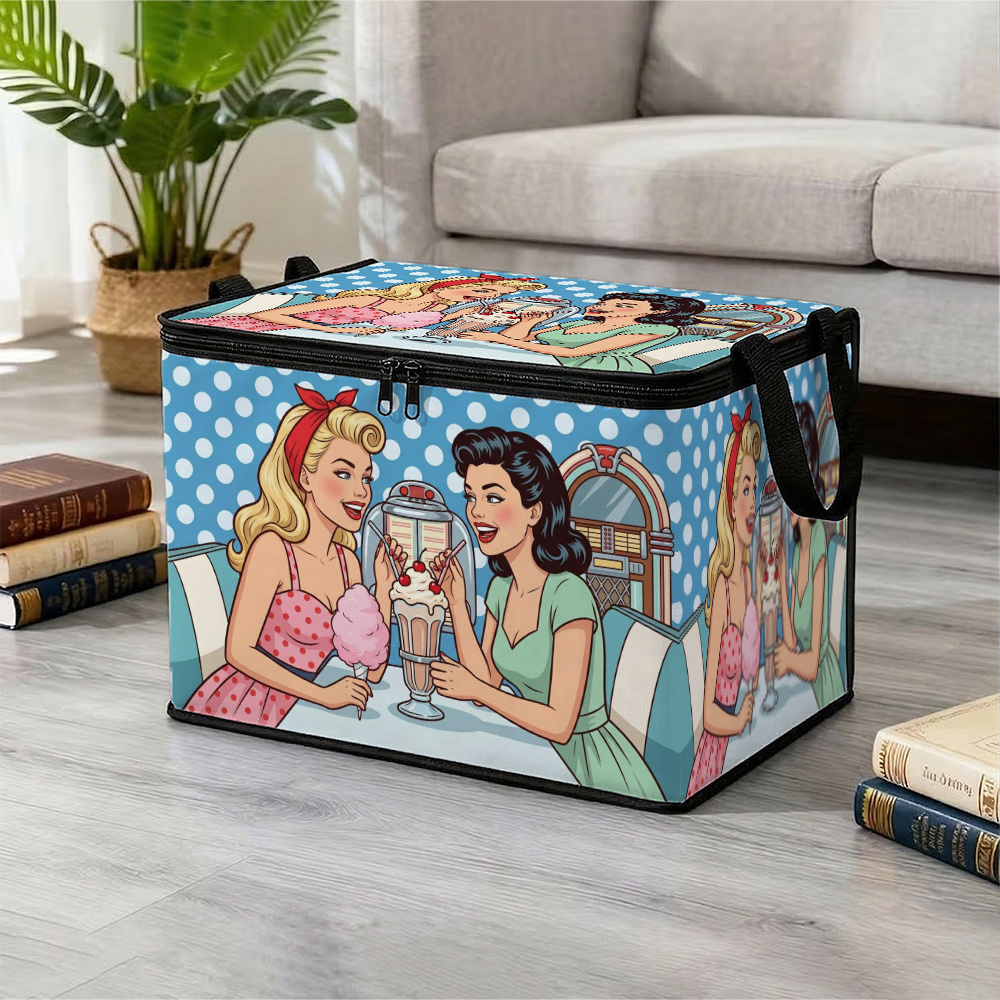TEMU 1pc Zipper Lid Storage Box Retro Pinup Pop Art Design And Milkshake, Large Capacity, Foldable, Multiple Sizes , Ideal For Organizing Seasonal
