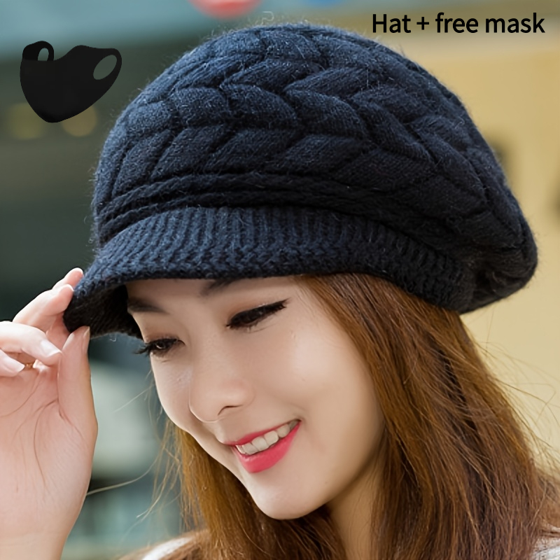 TEMU 2pcs Set, 1pc Beanie And 1pc Mask Women's Winter Warm Hat With Brim Cable Vintage Newsboy Hat Outdoor Riding Hat-with Visor