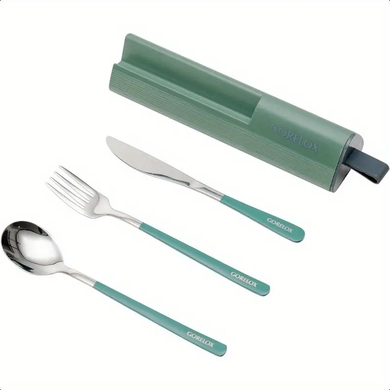 set of 4 travel utensils made of stainless steel, reusable cutlery, portable silverware lunch box suitable for camping and office, fork, spoon, knife, and case. Product details 0