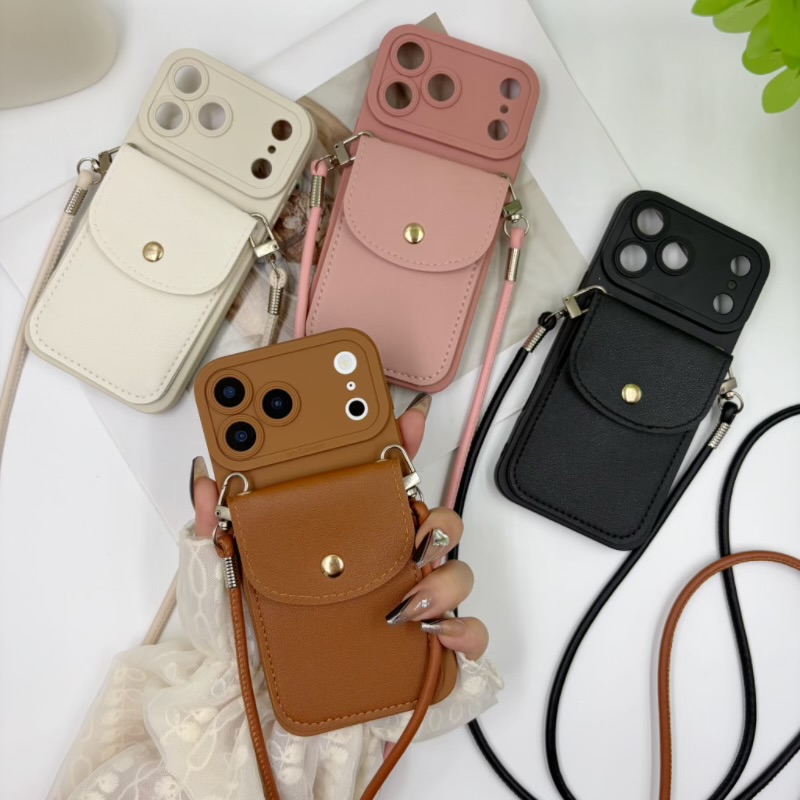 imagen del artículo   para teléfono - estuche retro de   con cordón largo para tarjetas, compatible con   18 /18pro/17pro/15  iphone 16 14pro 13pro 12/11/ , billetera con tarjetero a presión de cuero sintético,   total, carcasa   anti-caída