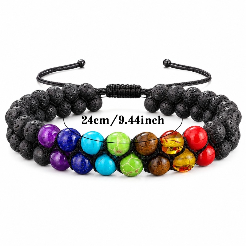 Rainbow Chakra Yoga Natural Stone Bead Bracelet, Adjustable