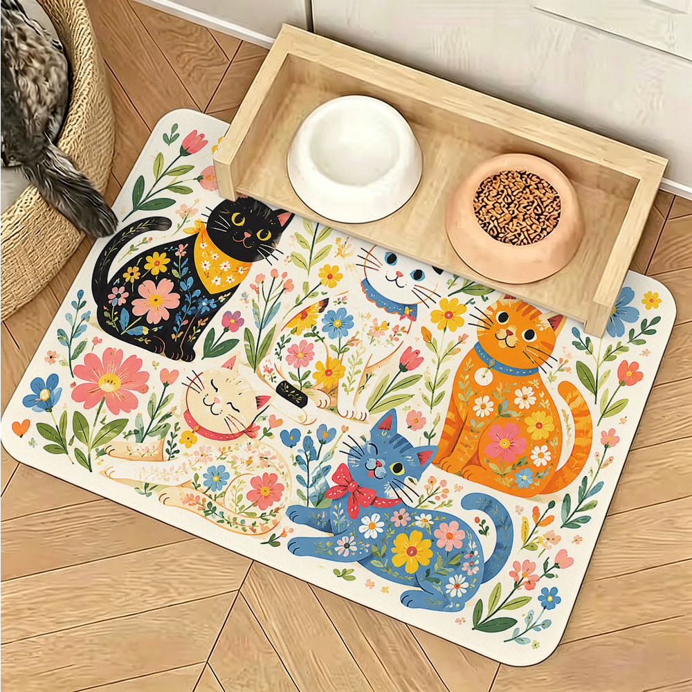 TEMU 1pc, Cat And Floral Print Pet Feeding Mat, Non-slip Rubber Base, Features Multiple Cats In Different Colors And Floral Plant Patterns, Under