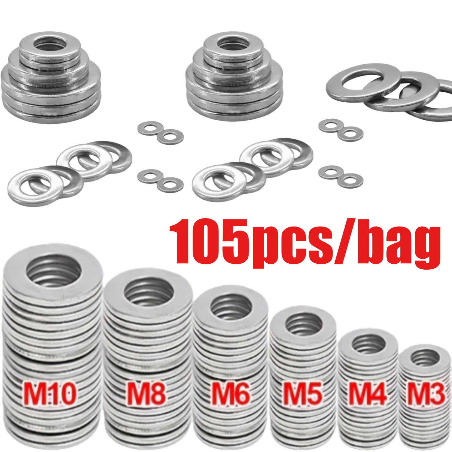 TEMU Ensemble de 105 rondelles plates, surface galvanisée, tailles M3-M10, installation facile, matériau durable, convient pour