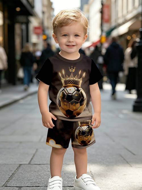 summer golden gradient football cool print short sleeve shorts boys two piece set fashion versatile breathable kids casual sports outfit holiday gift birthday gift for outdoor