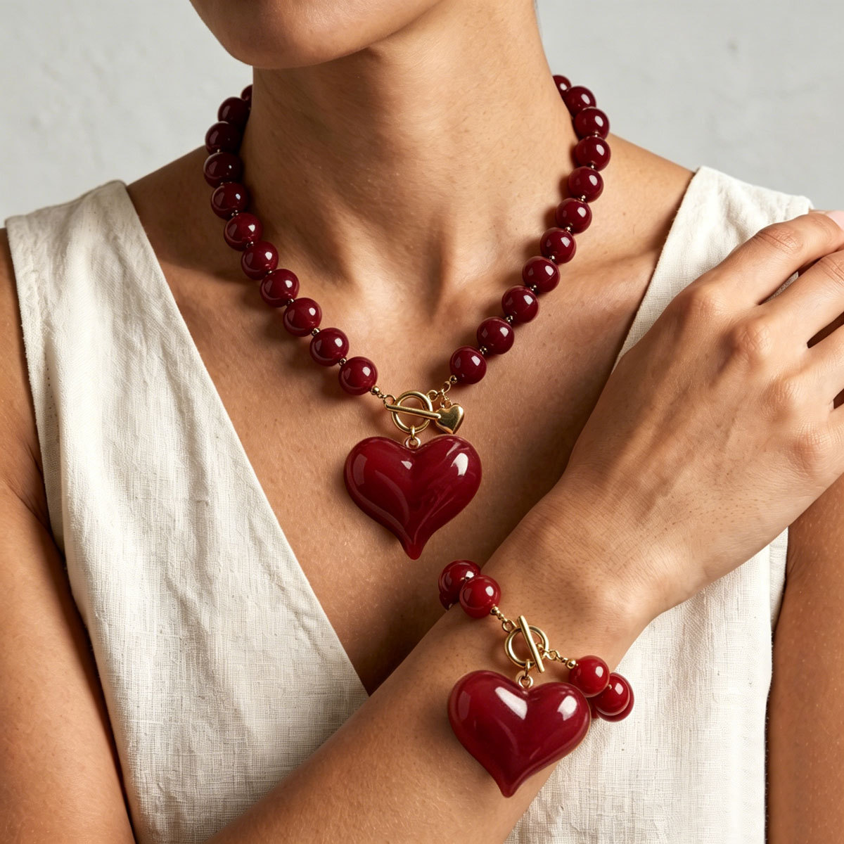 TEMU Parure de bijoux avec bracelet en perles de cœur et collier polyvalent avec pendentif haut de gamme, un cadeau de fête élégant