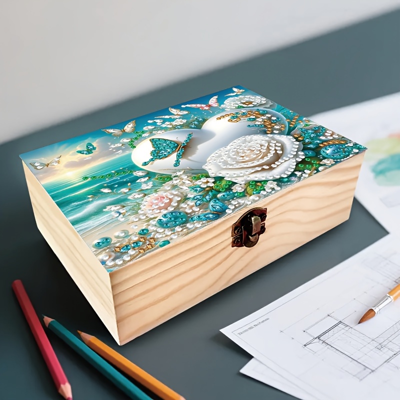 TEMU Hot Gifts Suitable For . 1 Diamond Painting Art Set Handmade Beach Scenery Pattern With Clasp Flip Wooden Box Multifunctional Small Item Storage