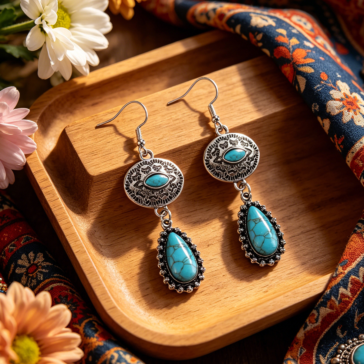 TEMU 1pair Retro Bohemian Geometric Pendant Earrings For Women, Fashionable And Elegant Turquoise Women's Earrings, Suitable For Beach Vacations,