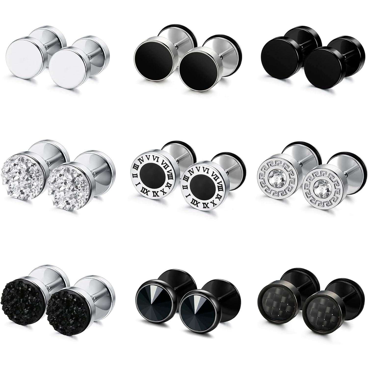 Image of 9 Pairs Fake Gauge Earrings For Men Women Stainless Steel Stud Earring Round Plug Earring Gauges Ear Tunnel Mens Earrings