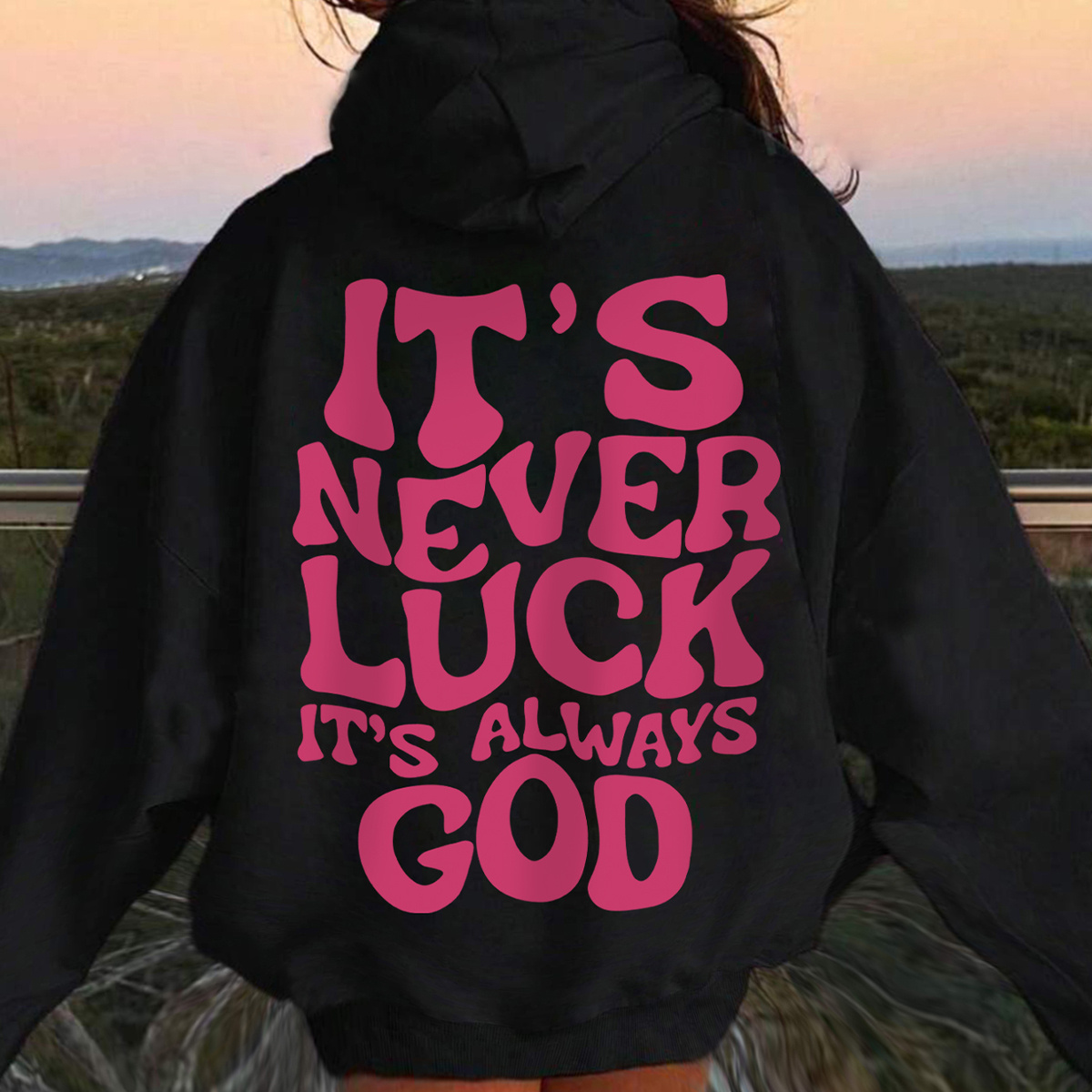 1pc Casual Cartoon Print Hooded Sweatshirt - Stretchy, Loose Fit, Autumn/Winter Warmth, Knitted Fabric, "It'S Never Luck, It'S Always Blessing" Slogan