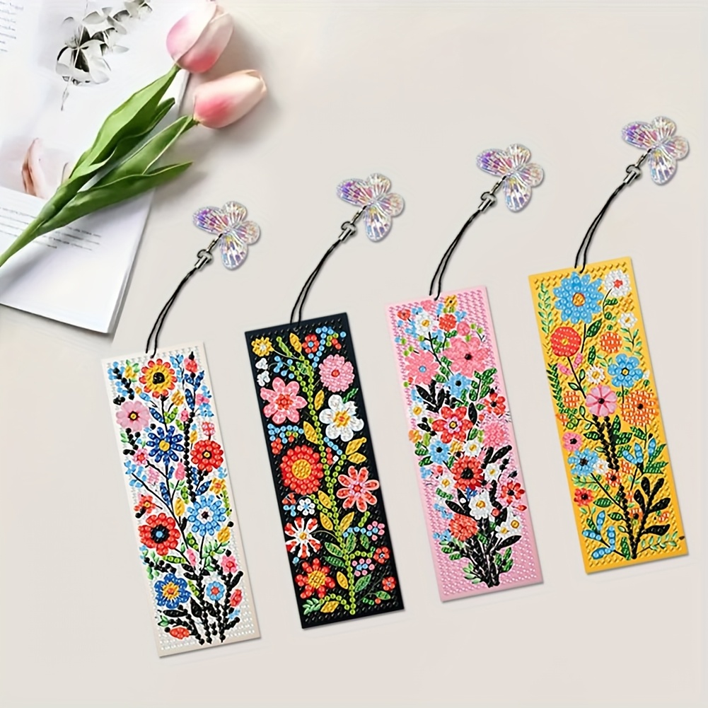 TEMU 4pcs Diy Diamond Painting Bookmark Craft Kit With Irregular-shaped Diamonds - Flower-themed Handicraft Art Bookmarks Suitable For Women,