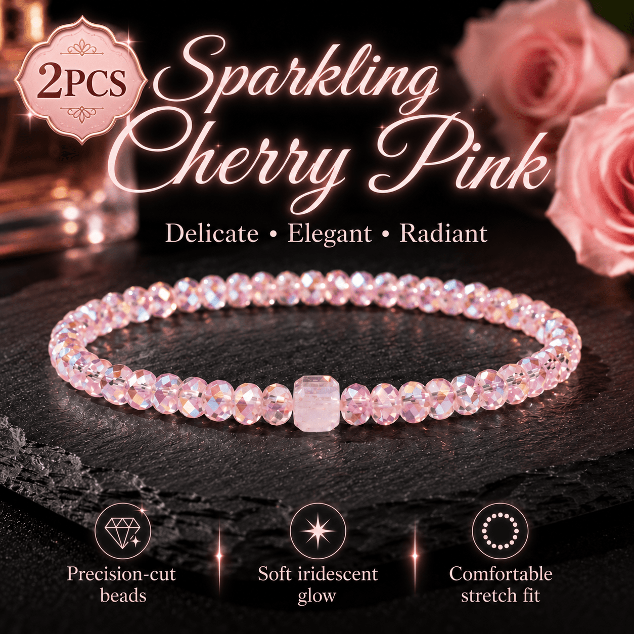 TEMU 2pcs Pink Crystal Beaded Bracelets, Women's Stretch Round Bead Wrist Additions For Everyday Wear And Gifting