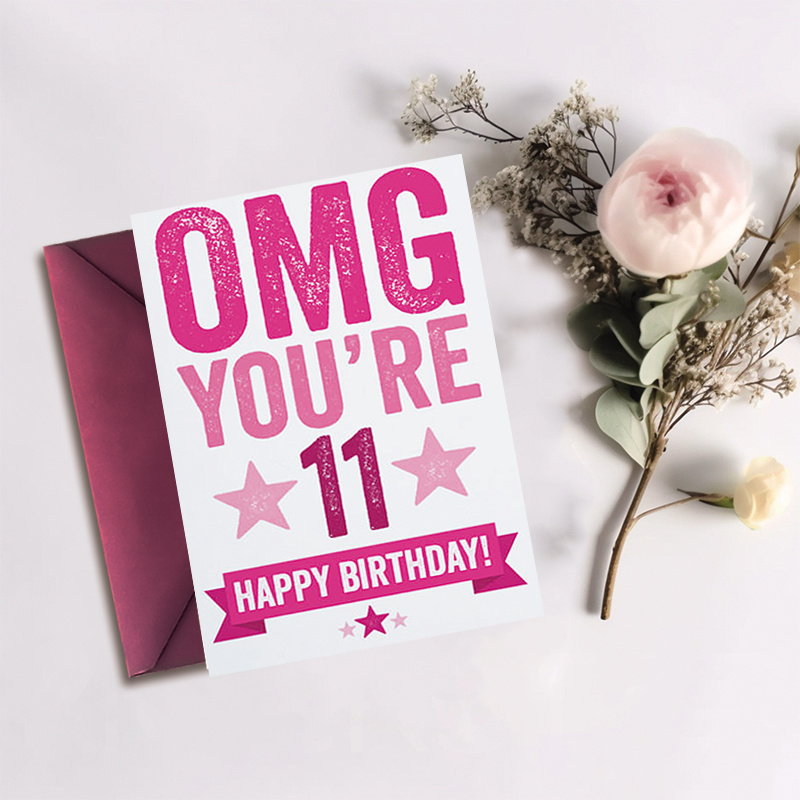 

1pc Pink "omg You're 11" Birthday Card With Envelope, Celebration Greeting For Girl, Surprise Design, Birthday Occasion