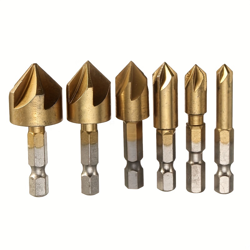 Image of Set Of 6 Hss Drills With A Titanium Coating, Ranging From 6 To 19mm, Designed For Countersinking. Features 5 Flutes And A 1/4 Inch Hex Shank For Chamfering