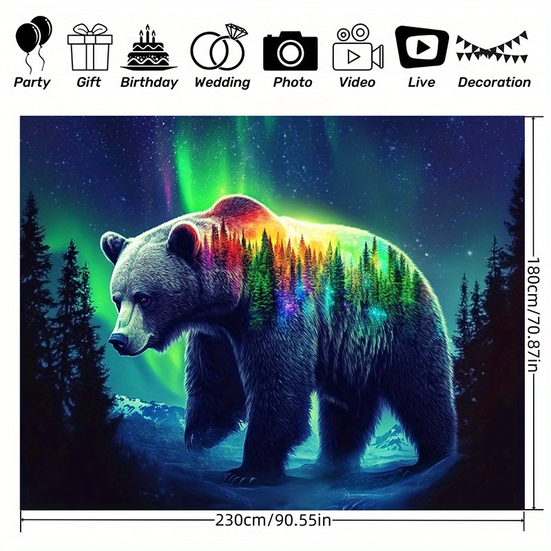 TEMU 1pc Northern Lights Bear Forest Polyester Backdrop - , Floor Mount, Multipurpose, No Power Needed, Home Wall Decor, 59x39.3inch / 59x39.3inch / 90.6x70.8inch