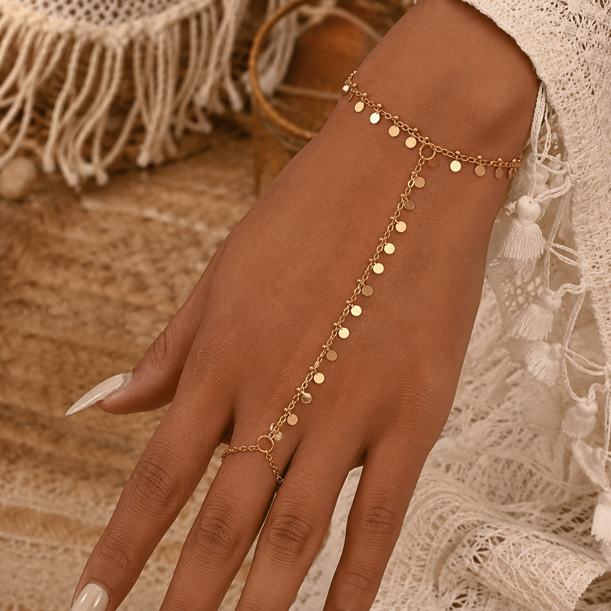 TEMU Women's Bohemian Style Golden Bracelet, Retro Gypsy Tribal Design, Layered Chain Jewelry, Fashion Accessory For Summer Festivals And Beach