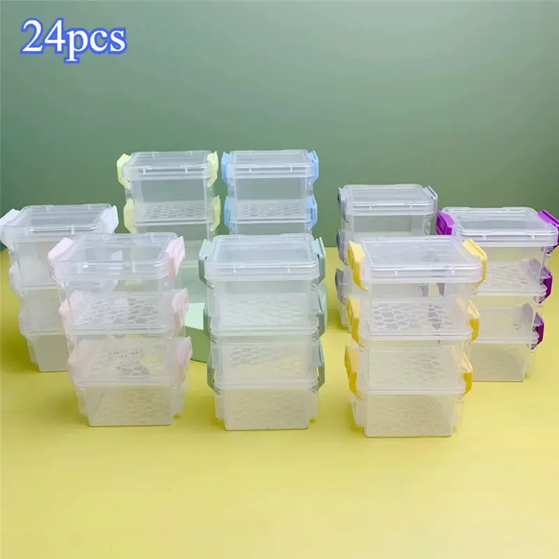 24pcs mini plastic storage containers and boxes in blue yellow light yellow white green light gray stackable bead storage boxes with lids transparent plastic small storage boxes suitable for small crafts jewelry and bead Product details 1