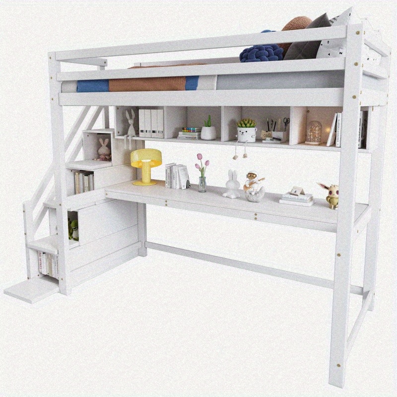 Wooden Bunk Bed 90190cm Loft Bed with Storage Stairs Made of Pine Wood Bed with Large Desk and Sheets with Slatted Frame White