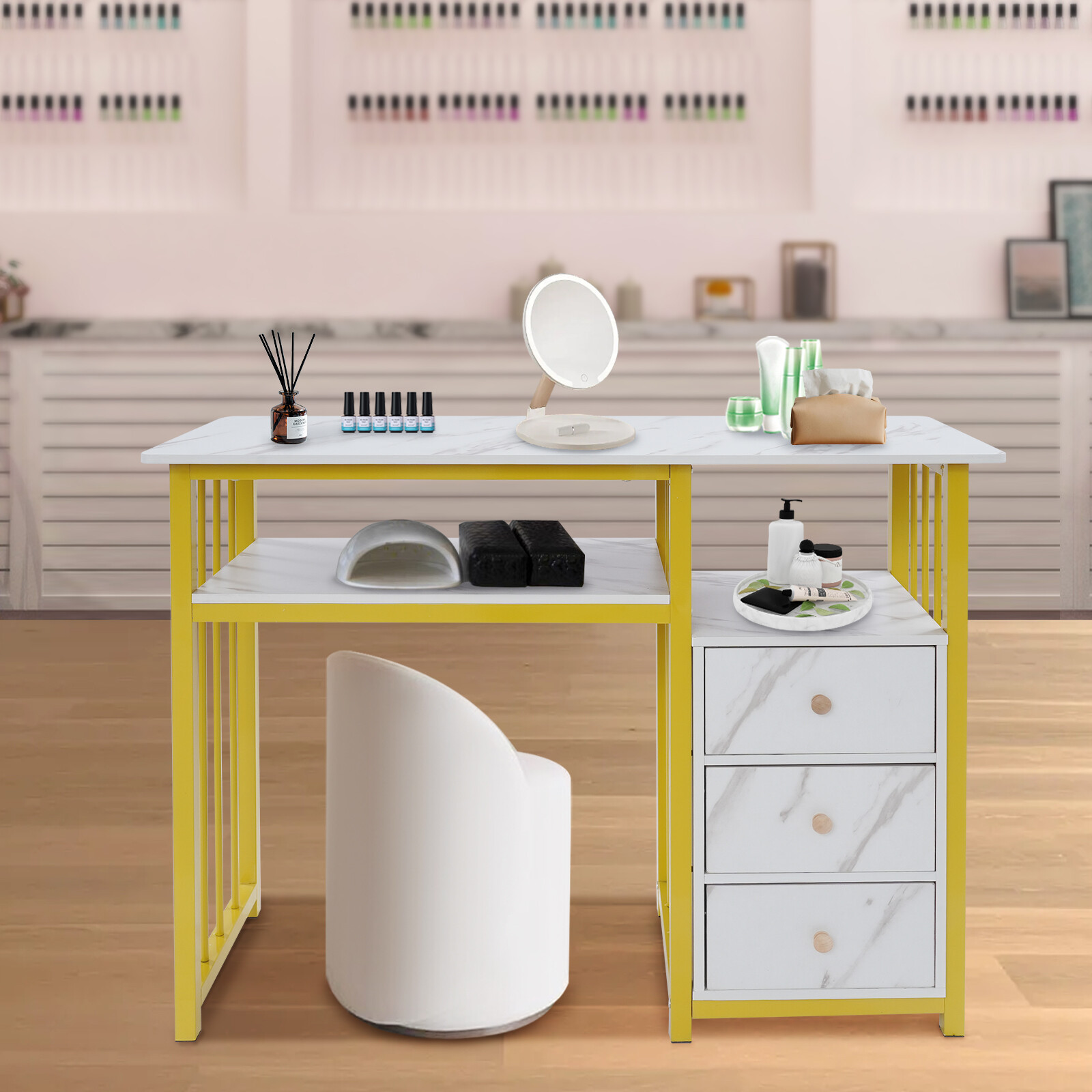 TEMU Station de manucure avec tiroirs, bureau de salon de manucure contemporain avec surface en marbre et cadre doré, adapté à un ou aux spas ,