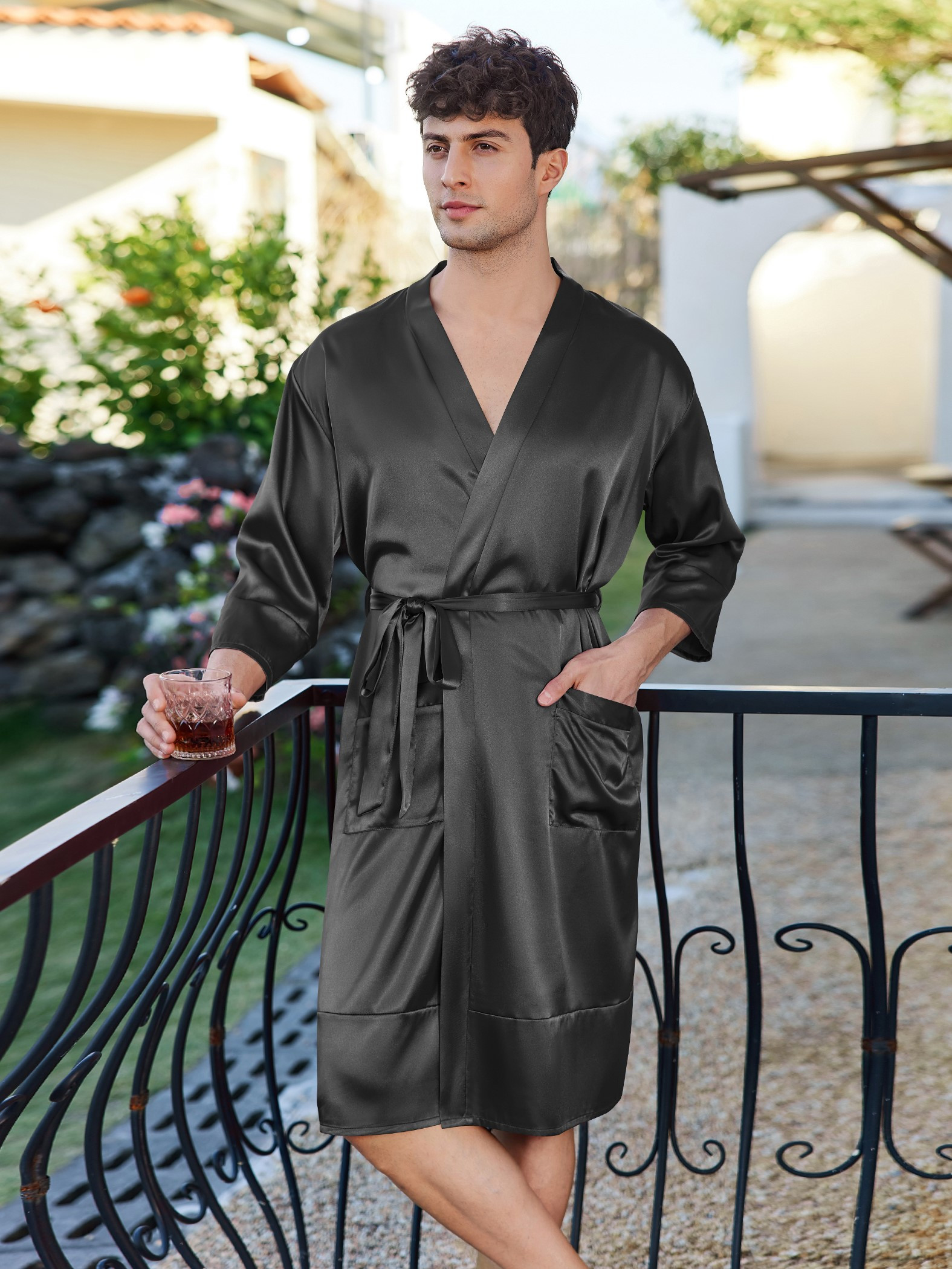 lightweight black dressing gown Black Kimono Waffle Robe - Women's Bath SPA Robe