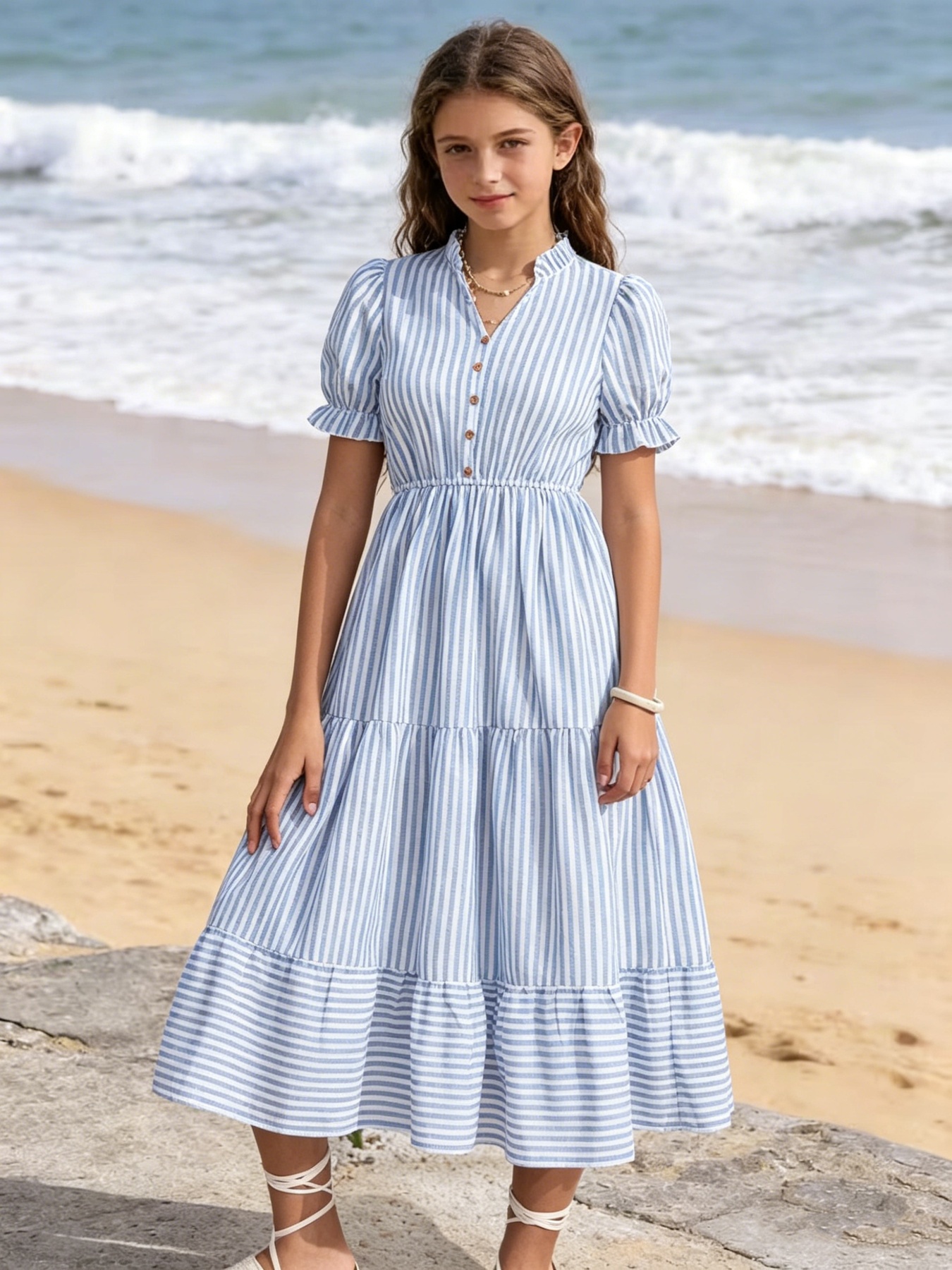 beach dress teen girl summer light blue white vertical Maxi dress