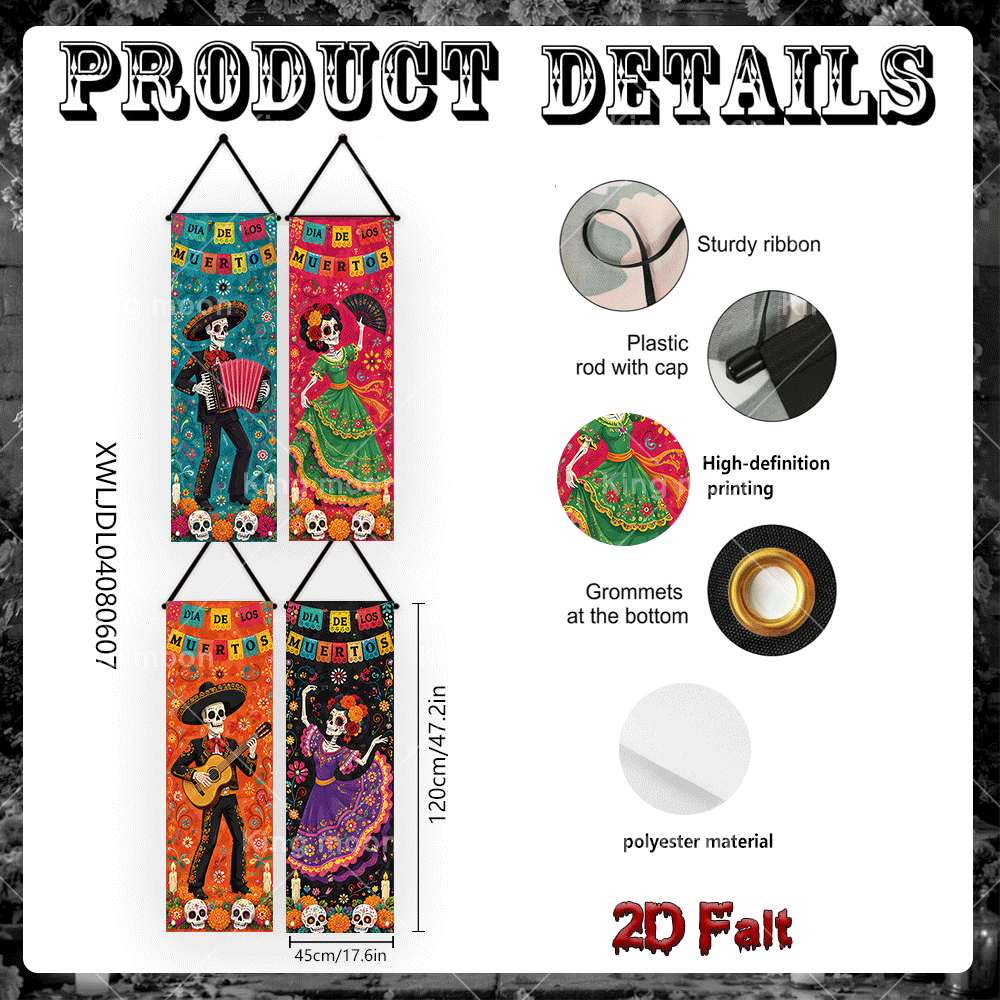 TEMU 2d Flat, 2d Flat - 2d Flat, 2d Flat - 2d Flat Banner 4pcs, Mexican Party Porch Doorway Vertical Banner, Polyester Material, 45x120cm, 4pcs Set,