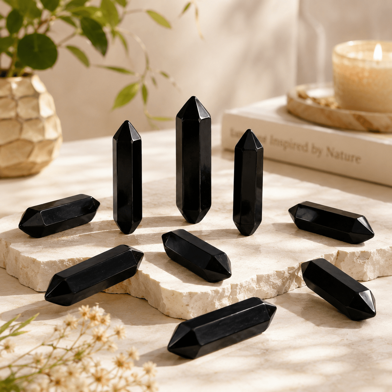 Natural Black Obsidian Stone, Smooth Double-Sided Hexagonal