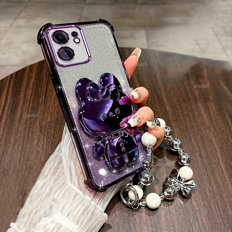 TEMU Phone Case: Reno 13 F Luxury Plating Shockproof Thickening Glitter Card Phone Case For Oppo Reno 13f Cute Mirror Rabbit Bracket Bracelet Chain