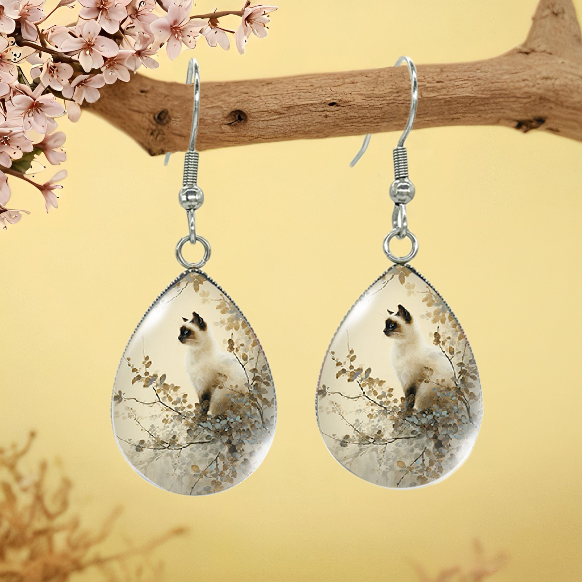 TEMU The Siamese Cat On The Branch Illustration Fashionable Earrings Glass Accessories Gift