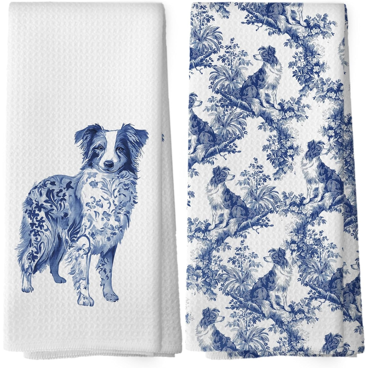 TEMU Serviettes de cuisine Border Collie pour femmes et hommes - Torchons de vaisselle à motif floral chinoiserie bleu et blanc avec décoration de en