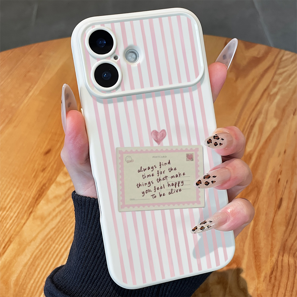 TEMU Phone Case - Pink Striped English Card Suitable For Iphone 17/16/13pro/14/15promax/17promax Phone Cases, Precise Hole Anti-drop And Anti-slip