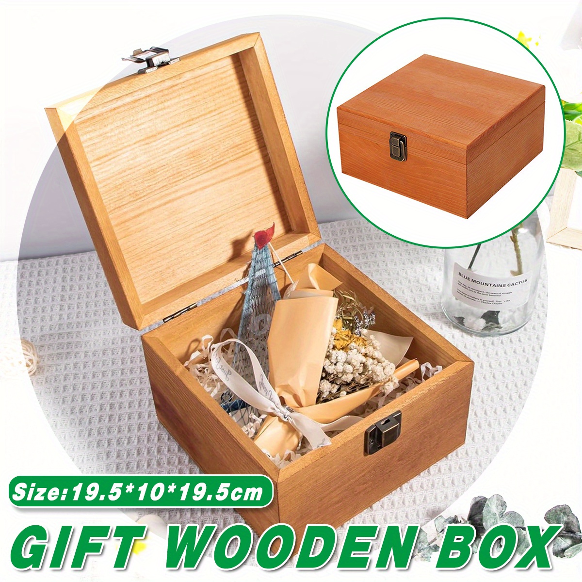 TEMU 1pc Wooden Box With Hinged Lid, Crafts Storage, Wedding Proposal Engagement Accessories, Square Plain Wood Box For Storage & Decoration