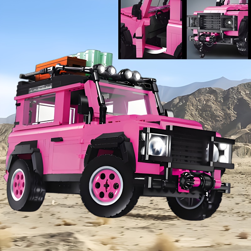 1000+Pcs of Unique Pink Off-Road Vehicles with   Made of ABS Building Blocks, High-Value Car  , Movable Tires, Openable Doors, High-Quality Ornaments Model Assembly, Holiday Surprise