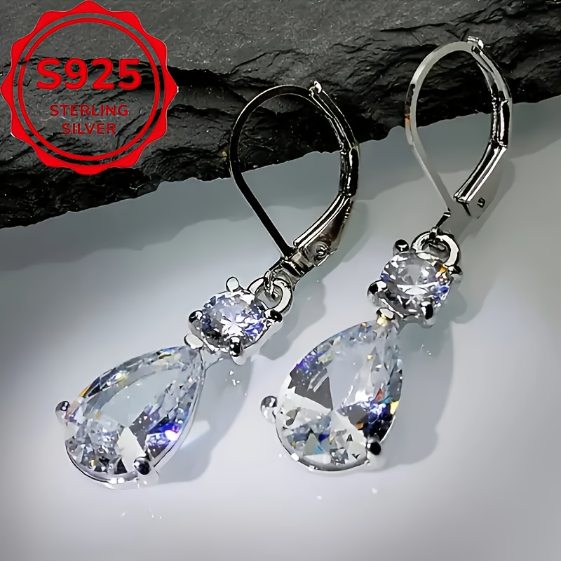 TEMU Drop-shaped S925 Sterling Silver, Inlaid With Large Synthetic Zirconia Earrings, Light Luxury, Evening Style Earrings, High-end Earrings, ,