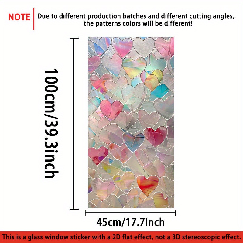 TEMU 1pc Vibrant Heart Theme Pvc Static Window Decal - 44.96x99.82 Cm, Colorful Heart Pattern For Home, Kitchen, Bathroom, Bedroom, Balcony And Party