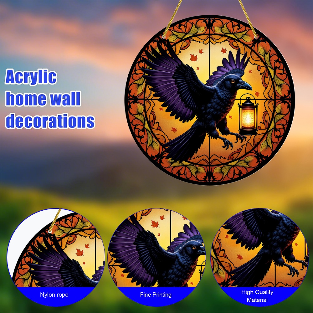 2d flat 1pc   crow lantern wall decor round acrylic sun catcher panel suitable for living room gothic lantern panel for hallway studio mysterious home gift 8 inch diameter 2d flat plane hanging decoration 2d flat
