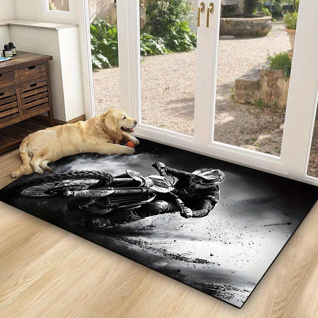 TEMU 1pc Black And -road Motorcycle Scene Patterned Floor Mat, Non-slip Washable Mat, Suitable For Living Room/bedroom/dining Room/hallway/laundry