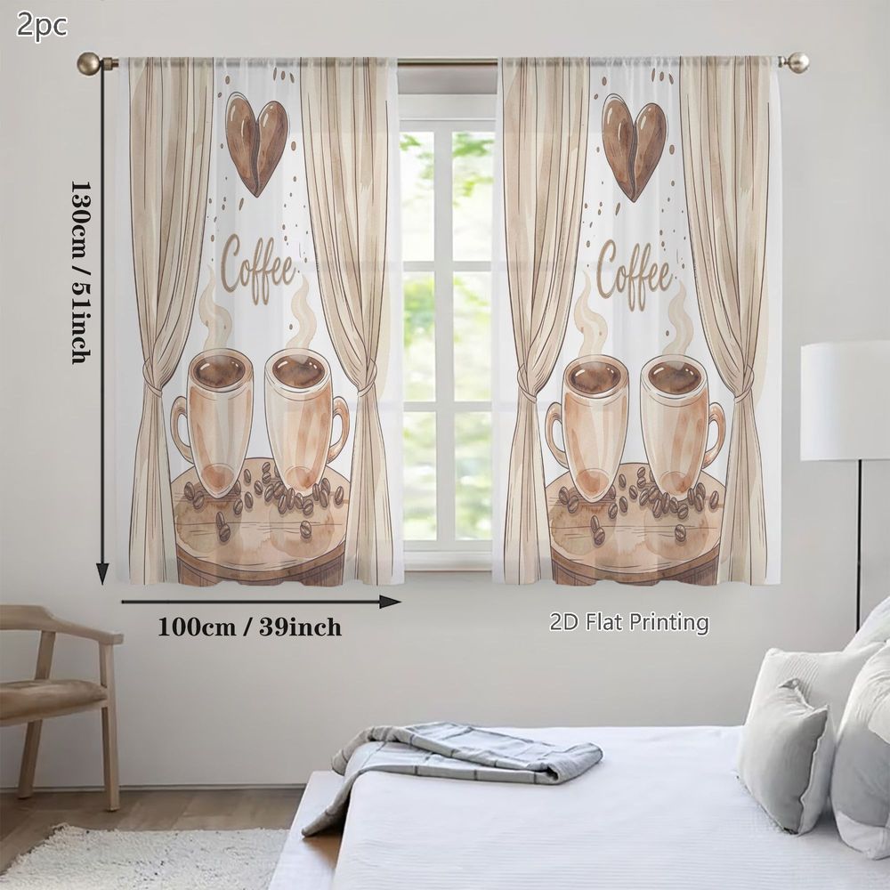 TEMU 2D - 2D - Juego de dos cortinas translúcidas ligeras para y verano, con tazas de café acuarela cálidas con elegantes cursivas de 'Café',