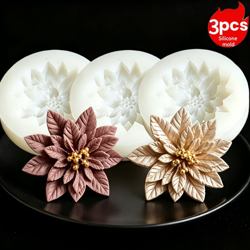 TEMU [Moule en silicone résine] Lot de 3 moules en silicone pour fleur rouge de Noël, outils en résine de feuille de houx, moules de décoration pour