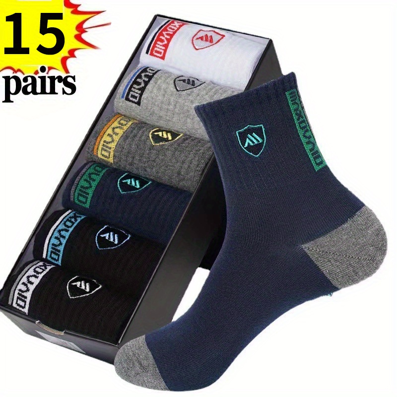 TEMU 15 Pairs Of Men's Mid-tube Casual Sports Socks - Breathable Moisture-wicking Casual Sports Socks With Arch Support And Reinforced Toes, A Of