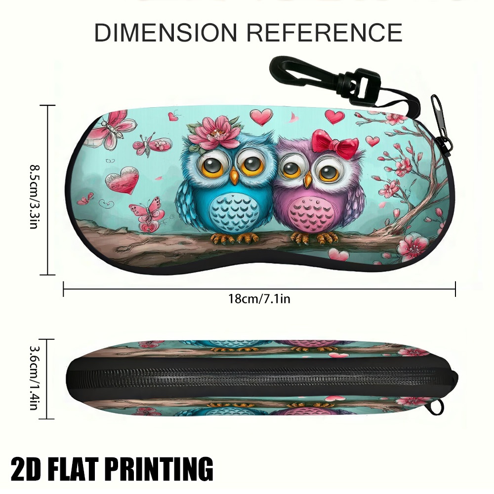 TEMU 2d Flat, 1pc Owl & Zippered Glasses Case Suitable For Men And Women, Compact Eyewear Holder With Owl, Stylish Case For Daily ,,,, 2d Flat